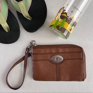 Fossil leather wristlet, dark tan in good condition.